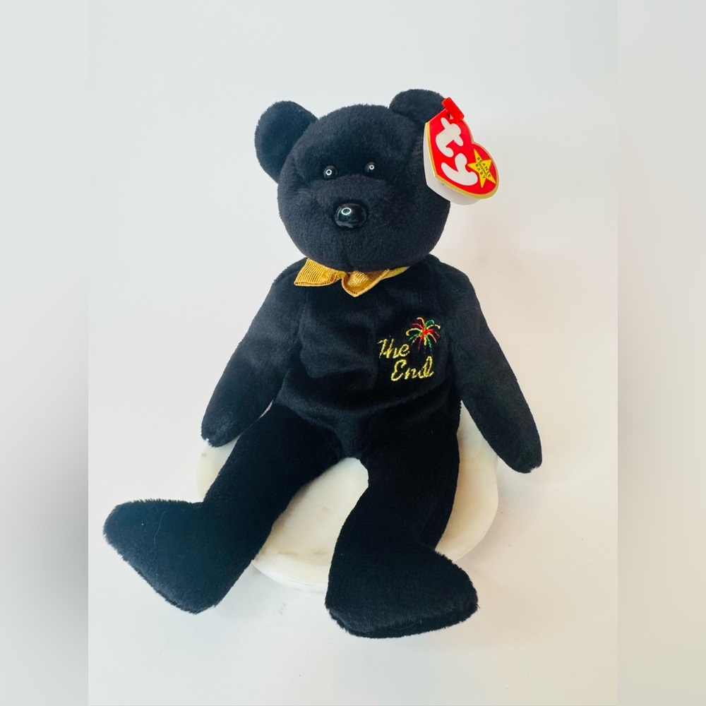 🥰 Ty Black Beanie Bear “THE END” with Gold Collar Vintage Collection 1999